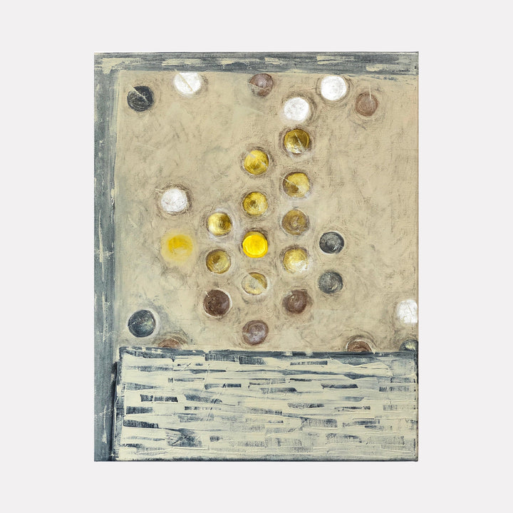 The artwork 'Vault Lights (Time Lapse-1)' features circular patterns of luminous orbs in white, yellow, and brown tones against a textured beige background. The lower third shows horizontal striations in muted grays and whites, creating a distinct geometric division. Oil on stretched linen by Cora Jane Glasser.
