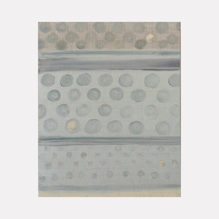 The artwork 'Vault Lights (Time Lapse-2)' features a minimalist composition of repeating circular patterns in soft gray and pale blue tones, arranged in horizontal bands across stretched linen. The translucent circles create a rhythmic, grid-like structure reminiscent of vault lights in urban architecture. Oil painting by Cora Jane Glasser.