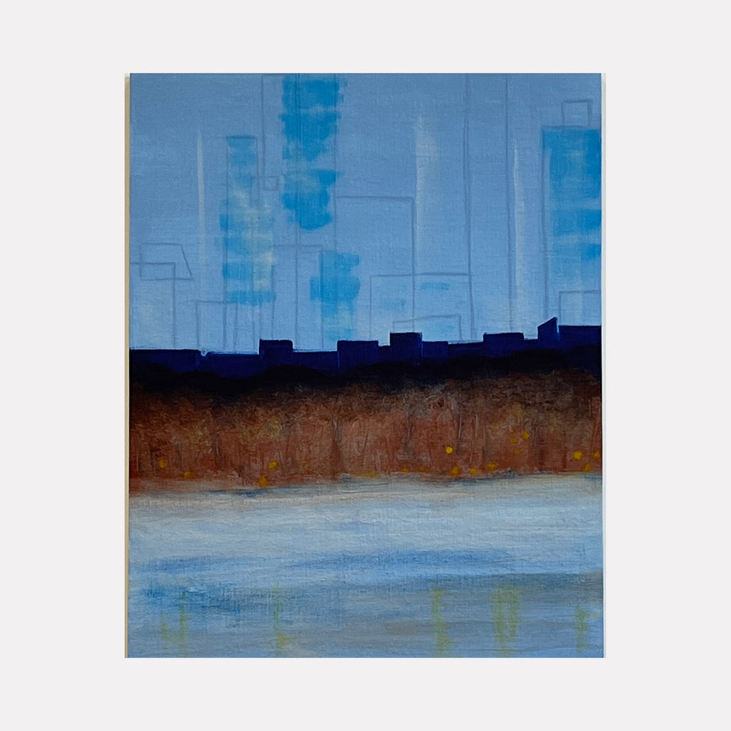 The artwork 'The Blue Hour (distant)' by Cora Jane Glasser features an abstract cityscape silhouetted against a luminous blue sky. A rich brown terrain separates the urban horizon from a tranquil blue water surface, creating a serene geometric composition executed in oil on linen. The painting captures the atmospheric quality of dusk through layered brushwork and gradients.