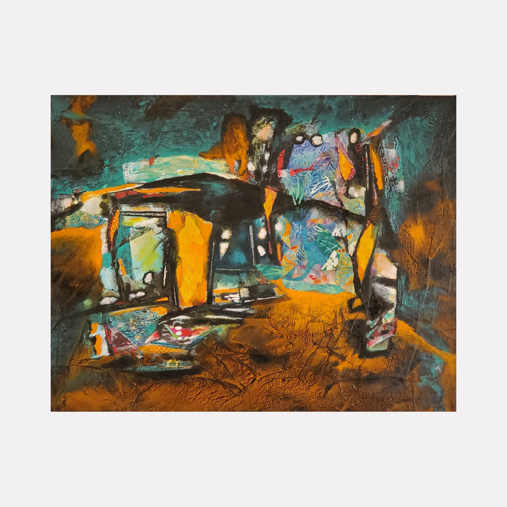 The artwork 'Out Building' by James Ehling features an abstract expressionist composition with vibrant orange and teal contrasts. Bold brushstrokes and textural elements create a dynamic scene suggesting architectural forms against a moody background. Mixed media technique combines acrylic paint with fabric elements, creating depth through layered materials and gestural marks. Measures 22x28 inches by James Ehling.