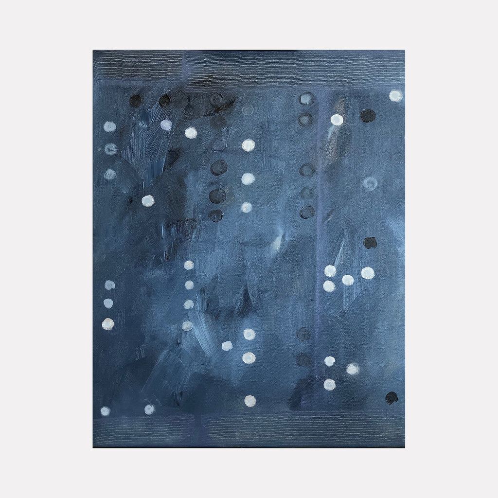The artwork 'Vault Lights (Time Lapse-3)' depicts scattered white and dark circular dots against a moody midnight blue background, creating a celestial pattern reminiscent of starlight. The oil on linen painting features textural brushstrokes and horizontal bands at top and bottom. By Cora Jane Glasser.