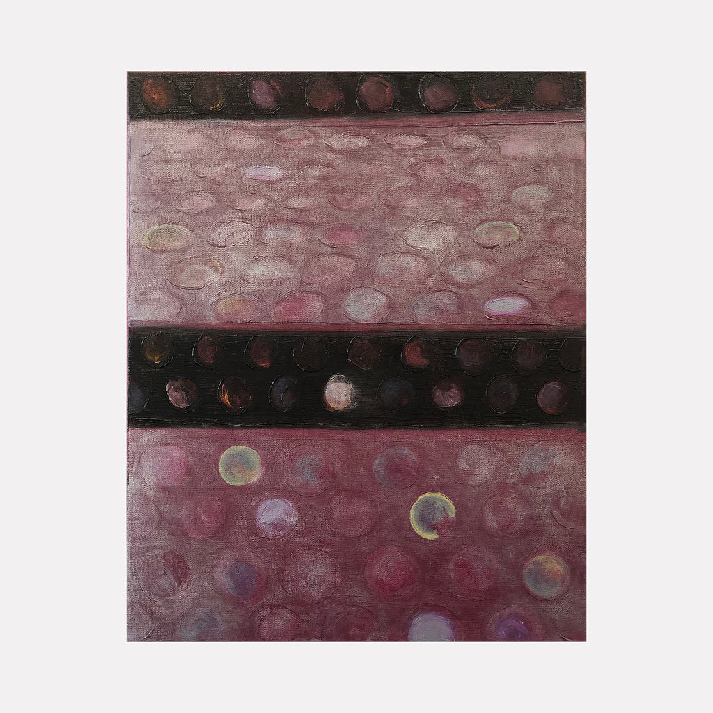 The artwork 'Vault Lights (Time Lapse-4)' features horizontal bands of deep burgundy and black, filled with circular patterns resembling vault lights or glass pavers. The textured oil painting on linen captures ethereal orbs in varying opacities, creating a mesmerizing time-lapse effect. Original artwork by Cora Jane Glasser.