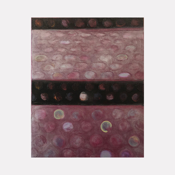 The artwork 'Vault Lights (Time Lapse-4)' features horizontal bands of deep burgundy and black, filled with circular patterns resembling vault lights or glass pavers. The textured oil painting on linen captures ethereal orbs in varying opacities, creating a mesmerizing time-lapse effect. Original artwork by Cora Jane Glasser.