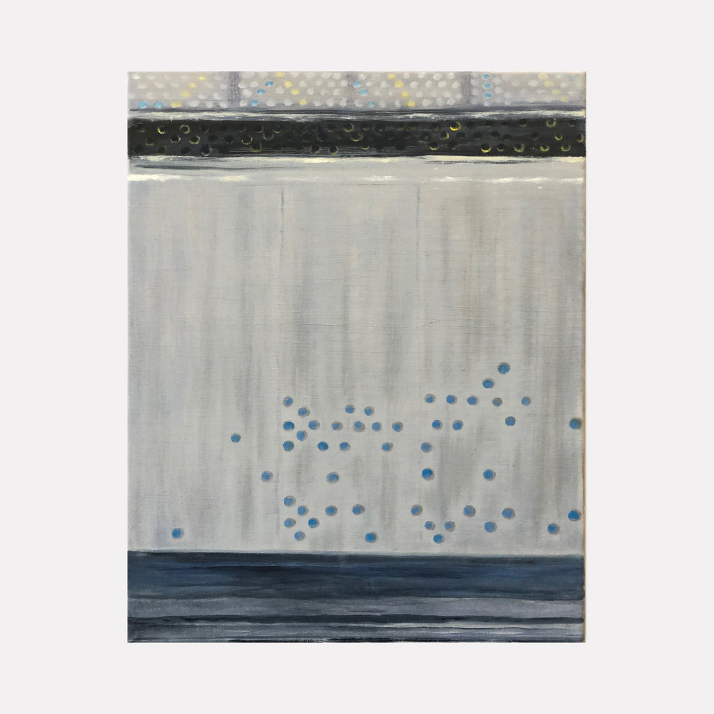 The artwork 'Vault Lights (Time Lapse-5)' by Cora Jane Glasser features an abstract composition with horizontal bands in gray and black tones, punctuated by scattered blue dots against a pale gray central field. Oil on stretched linen captures textural brushwork and atmospheric depth. Framed painting measures 20x16 inches. By Cora Jane Glasser.