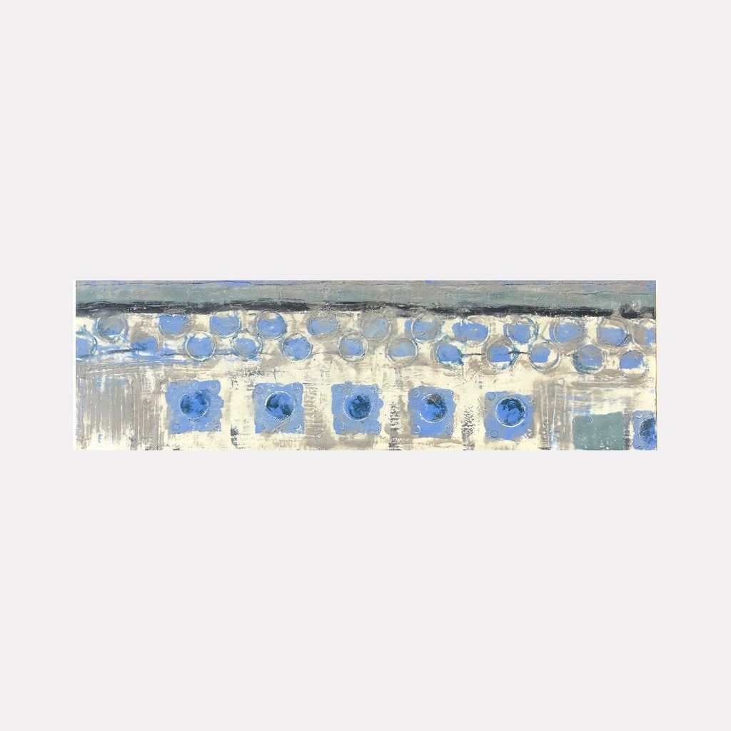 The artwork 'Vault Lights (Treads & Risers-3)' features a horizontal composition with circular and square patterns in soft blue tones against a textured white and gray background. The encaustic and oil painting showcases geometric forms reminiscent of architectural elements, with translucent layers creating depth. By Cora Jane Glasser.