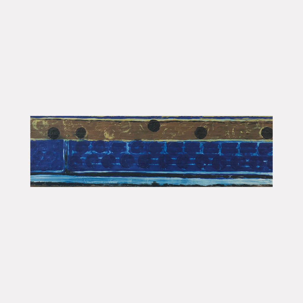 The artwork 'Vault Lights(Treads&Risers-4)' features horizontal bands of deep cobalt blue and weathered bronze, with circular perforations along the upper section. The textural encaustic and oil painting on birch panel creates a rhythmic industrial-inspired composition measuring 9x30 inches by Cora Jane Glasser.
