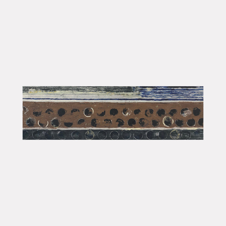 The artwork 'Vault Lights (Treads&Risers-5)' by Cora Jane Glasser features horizontal bands with circular patterns in brown and black tones. A line of vault light-inspired circles creates a rhythmic pattern across the encaustic and oil painting, with subtle textural variations against a muted background. Created on birch panel, measuring 9x30 inches.