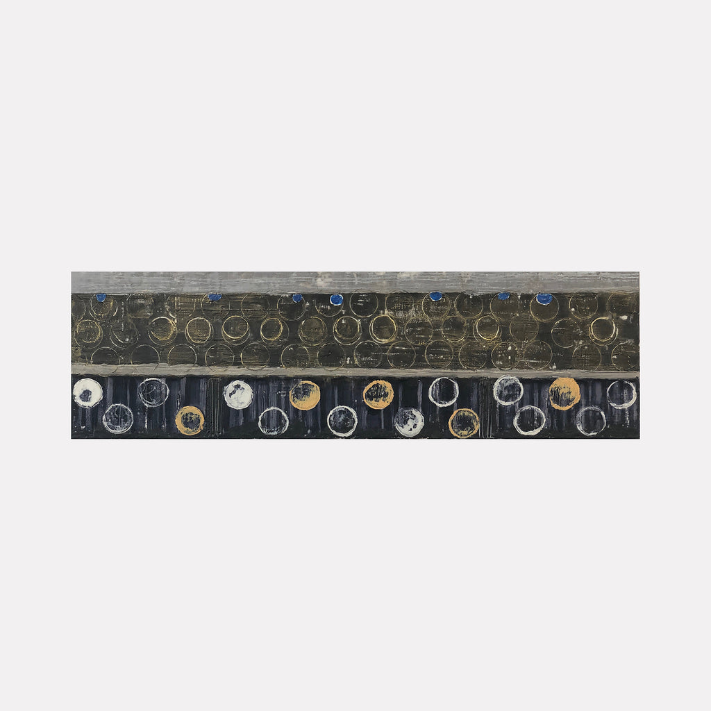 The artwork 'Vault Lights (Treads&Risers-6)' by Cora Jane Glasser features abstract circular patterns in metallic gold, silver, and blue hues arranged in horizontal bands against a dark charcoal background. The encaustic and oil painting on birch panel creates a textured, industrial-inspired composition reminiscent of urban architectural elements.