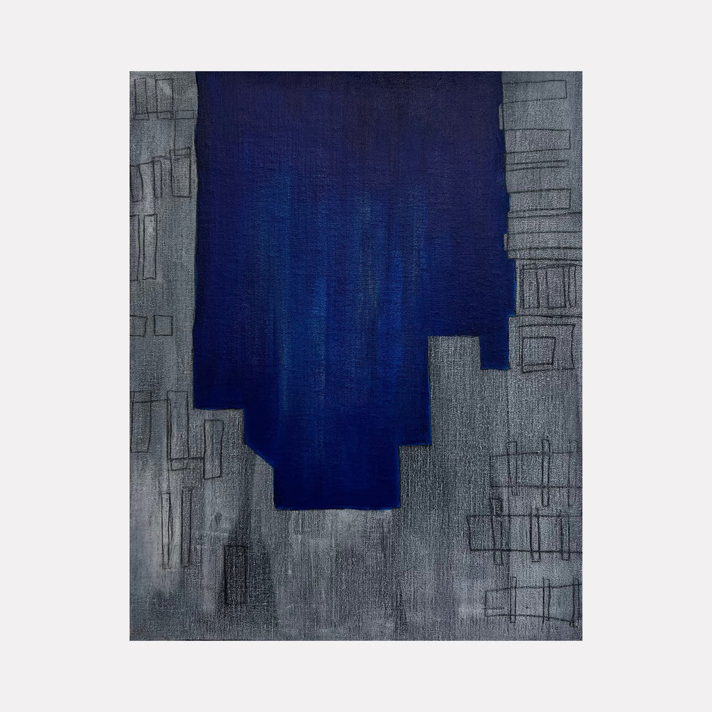 The artwork 'The Blue Hour (encroaching)' by Cora Jane Glasser features a striking abstract composition with deep midnight blue center emerging from geometric grey architectural forms. Oil on linen creates textural depth while angular patterns suggest an urban skyline dissolving into twilight shadows. The geometric grey borders frame a rich cobalt void.