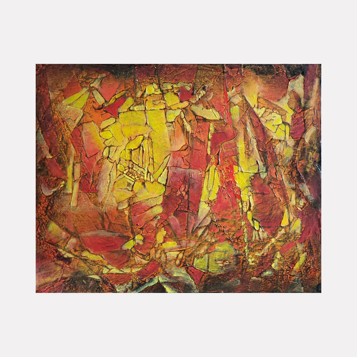 The artwork 'Red Forest' by James Ehling features a vibrant abstract composition in acrylic with dynamic textural elements. Bold red and yellow hues create a fragmented, mosaic-like pattern reminiscent of autumn foliage. The heavily textured surface suggests a crackling effect, with deep crimsons and golden tones interweaving throughout the 16x20 inch canvas.