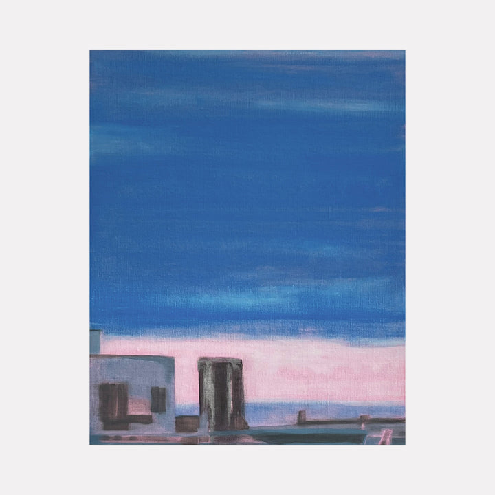 The artwork 'The Blue Hour (metallic)' by Cora Jane Glasser features an abstract urban landscape with geometric architectural forms against a dramatic twilight sky. Dark silhouetted buildings contrast with a soft pink horizon and deep metallic blue upper sky, rendered in oil on linen with visible brushstrokes creating atmospheric depth.