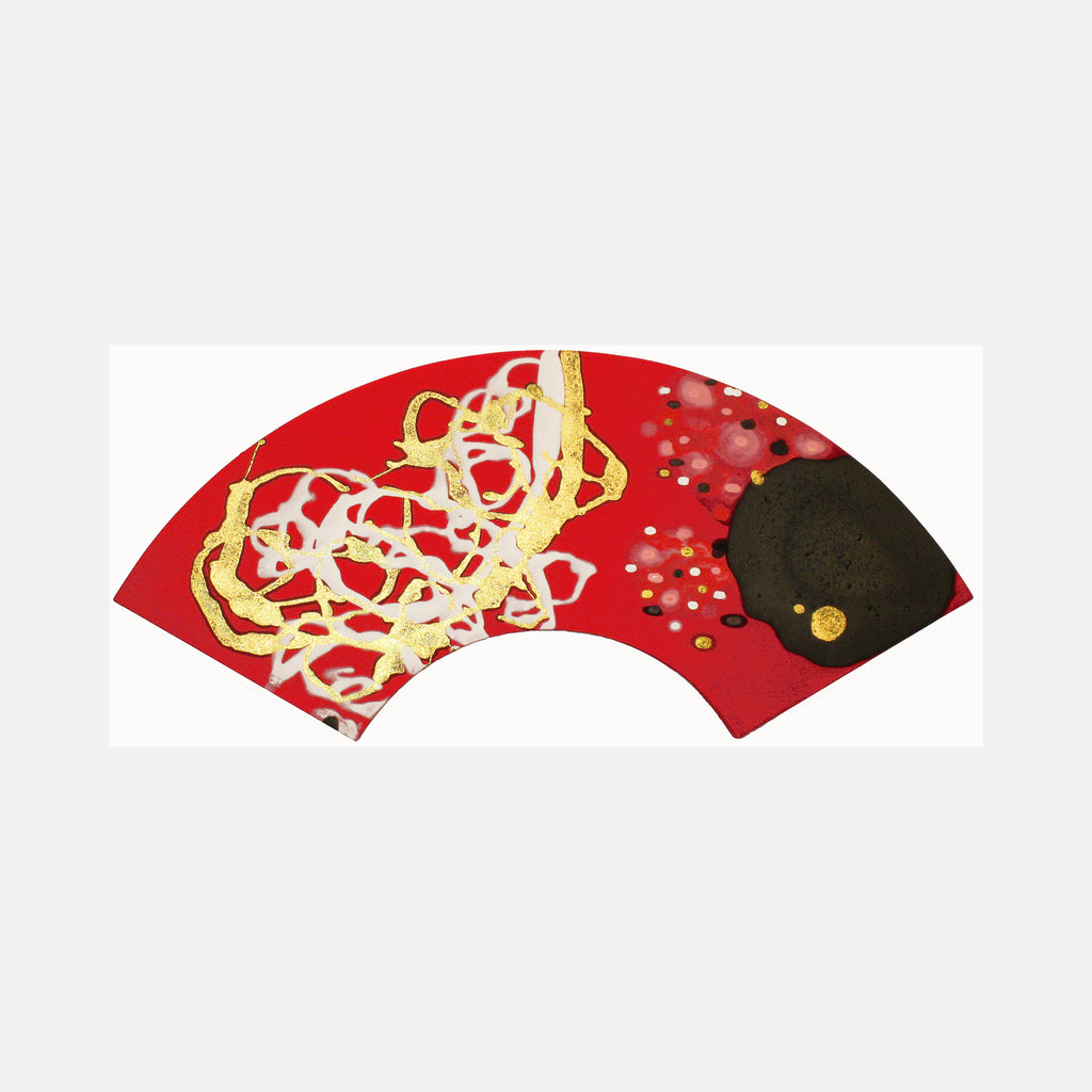 The artwork 'Tonglen' by Eric Jiaju Lee features a fan-shaped composition on silk with vibrant red background. Abstract golden swirls and delicate white patterns dance across the left side, while a bold black circular form anchors the right, accompanied by scattered white dots. The acrylic painting combines traditional Asian fan aesthetics with contemporary abstract expressionism. By Eric Jiaju Lee.