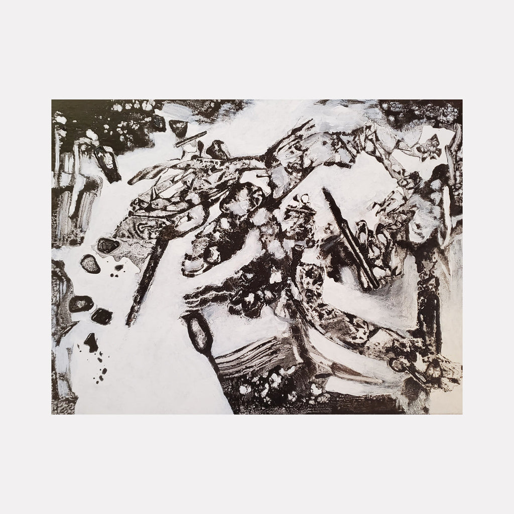 The artwork 'Running Aground' by James Ehling features a dramatic black and white abstract composition in acrylic. Dynamic brushstrokes create a sense of movement across the canvas, with bold contrasts between light and dark areas. The piece showcases organic forms and gestural marks, suggesting nautical elements and turbulent waters, painted in an expressive monochromatic style. 18x24 inches acrylic painting by James Ehling.
