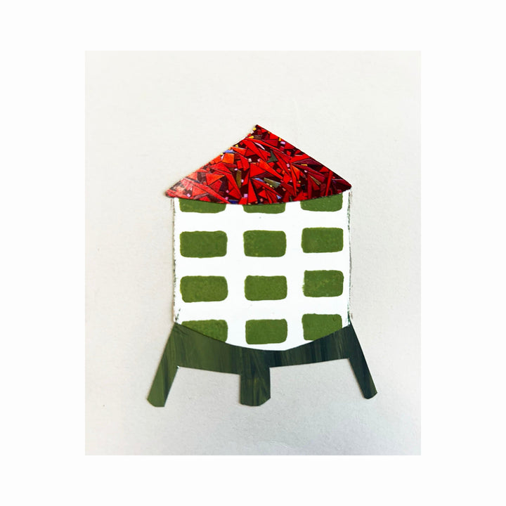 The artwork 'Water Tower 57' by Ann Cofta features a minimalist collage of a stylized water tower with a vibrant red patterned roof, white geometric body with green rectangular blocks arranged in a grid pattern, and dark green support legs. Created using layered paper, the 8x6 inch piece combines architectural form with abstract elements. By Ann Cofta.