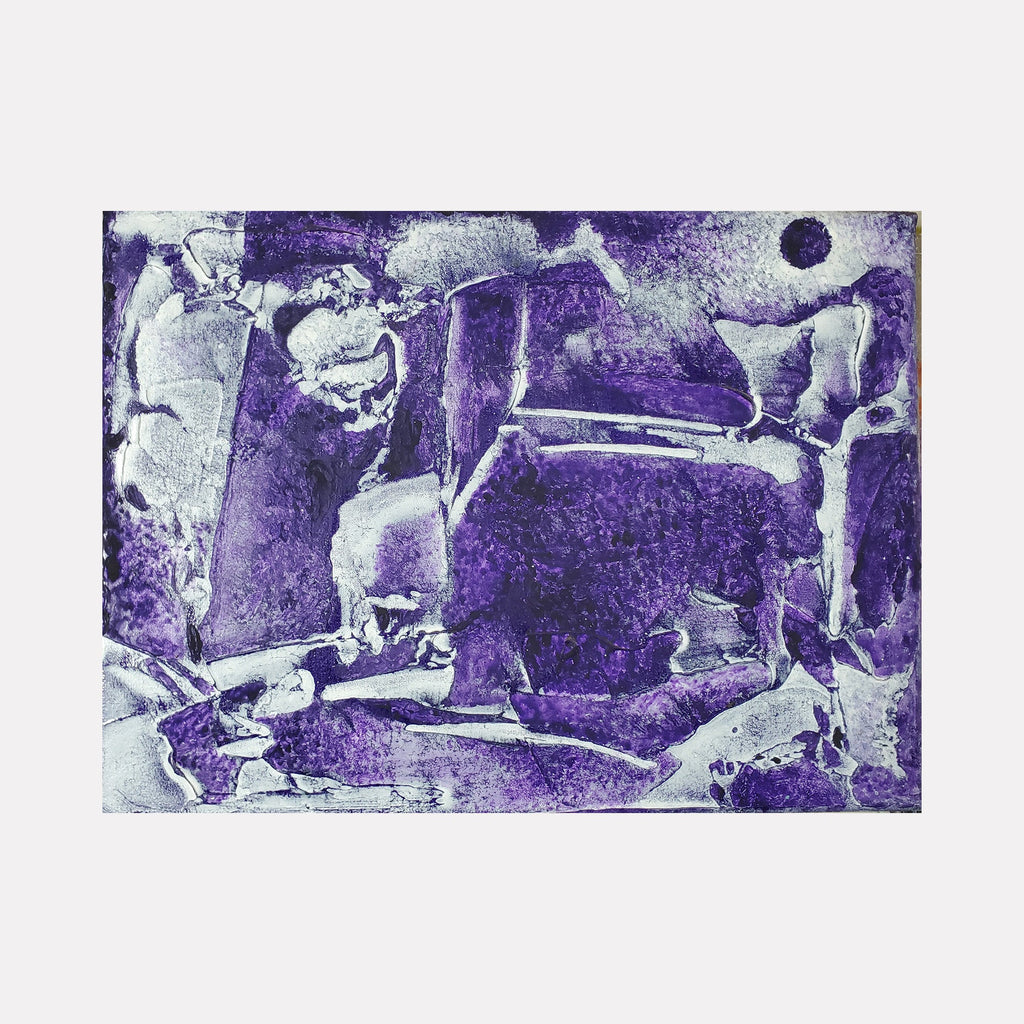 The artwork 'Nightscape' by James Ehling features abstract patterns in deep purple and silvery white, creating a dramatic contrast reminiscent of a moonlit evening. The acrylic painting showcases textural elements with fragmented shapes and flowing lines, suggesting rocky formations or celestial bodies against a mysterious violet backdrop. 9x12 inches acrylic artwork by James Ehling.