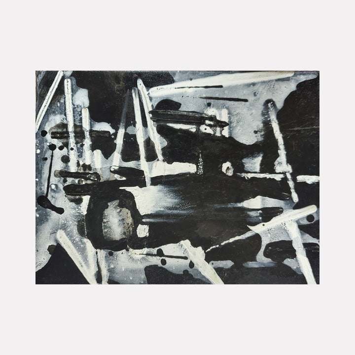 The artwork 'Nightscape #2' by James Ehling features an abstract monochromatic composition in acrylic, depicting bold white geometric shapes and angular lines against a deep black background. The contrasting elements create a dynamic, modern composition suggesting urban architectural forms or industrial structures in a nocturnal setting. 9x12 inches acrylic painting by James Ehling.