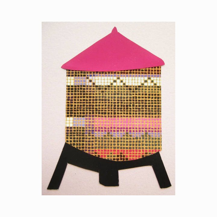 The artwork 'Water Tower 38' by Ann Cofta features a stylized tower structure in collaged paper, combining vibrant pink roofing and geometric patterns in black and gold mesh-like textures. The tower stands on black angular legs, with horizontal bands of pink and white creating a modern, abstract interpretation of an industrial water tower.