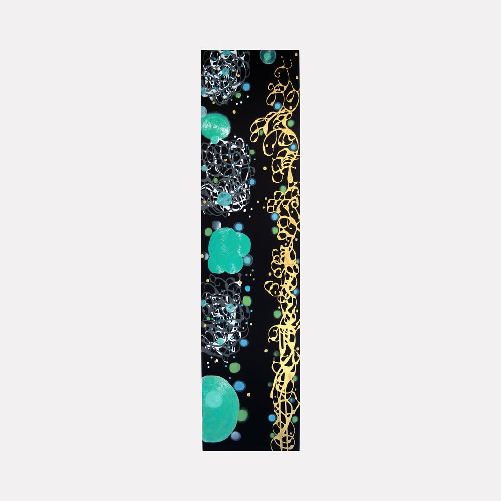 The artwork 'Vertical Choreography' by Eric Jiaju Lee features a striking vertical composition on silk with ethereal turquoise orbs floating against a black background, accompanied by intricate golden calligraphic designs and delicate silver splatter patterns, creating a dynamic interplay of color and movement in acrylic paint.