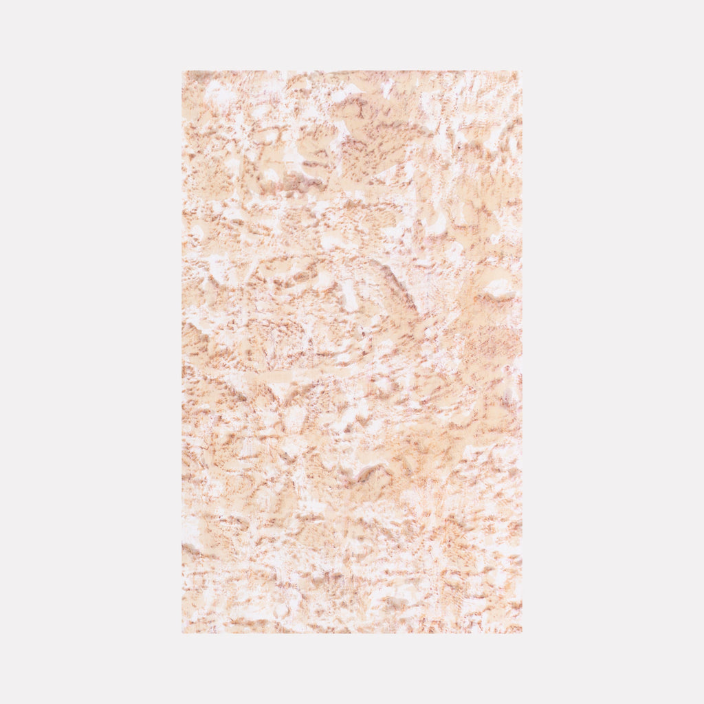 The artwork 'Distorsione di muro VIII' by Jacqueline Ferrante features an abstract textural composition in soft peachy-beige tones. Natural pigments create a marbled, wall-like surface with organic swirls and weathered patterns, reminiscent of eroded limestone or naturally aged plaster. The mixed media technique using coffee, wine, and natural pigments adds depth and earthy authenticity to the linen canvas.