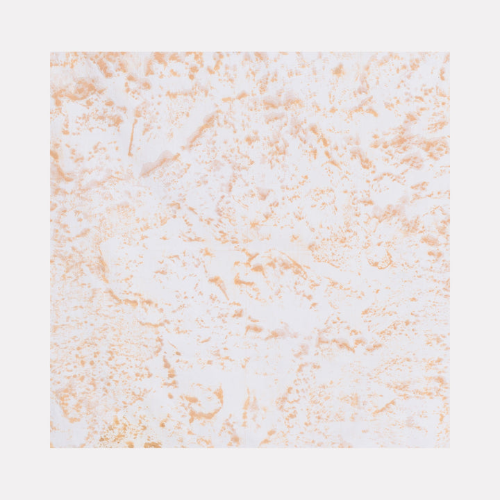 The artwork 'Distorsione di muro XIII' by Jacqueline Ferrante features a delicate abstract composition with speckled peach and coral tones scattered across a white linen canvas. The textural pattern resembles weathered wall surfaces, with organic mineral pigment formations creating a subtle, distressed effect. Dye cochineal and mineral earth pigments on linen, 22x22 inches.