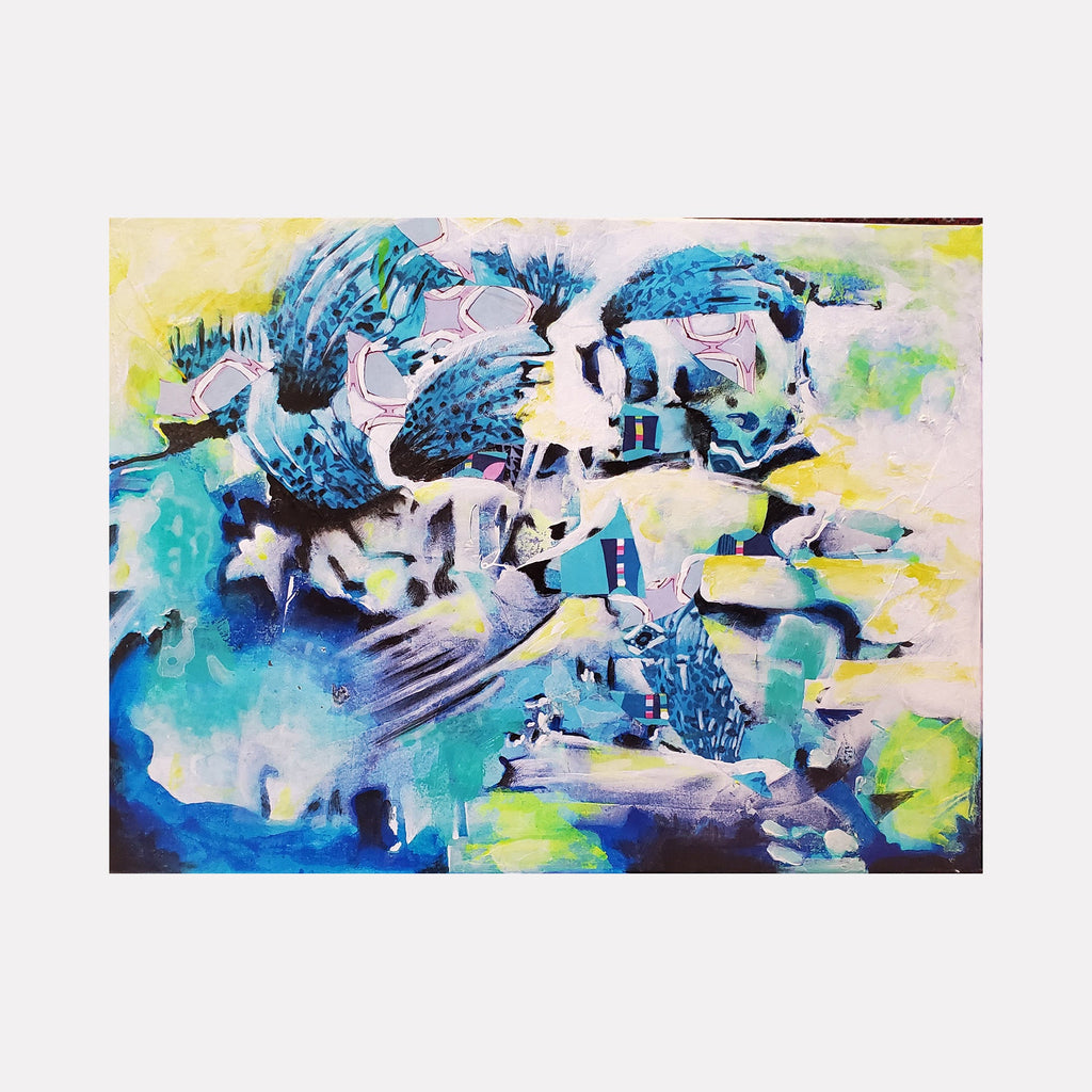 The artwork 'Lost In The Snow' by James Ehling features abstract expressionist strokes in vibrant turquoise and blue hues, contrasting with bright yellow and lime green accents. Dynamic brushwork creates swirling patterns and geometric forms, with textural elements achieved through acrylic paint and fabric on an 18x24 inch canvas. Art by James Ehling.
