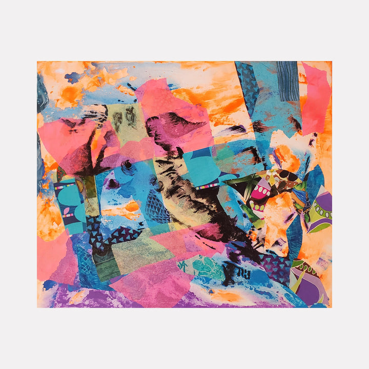 The artwork 'Cliff Face' by James Ehling features a vibrant abstract composition with layered collage elements in turquoise, coral pink, and orange hues. Textural fabric pieces create dynamic movement across the canvas, while bold acrylic brushstrokes suggest a rugged, mountainous landscape. The 20x24 inch mixed media piece combines geometric and organic shapes in an expressive contemporary style.