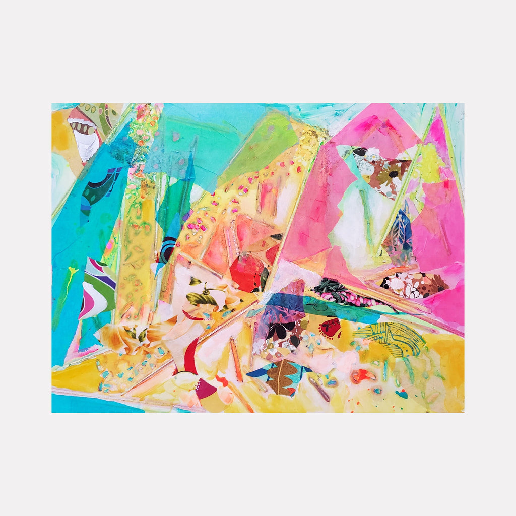 The artwork 'Changing Room' by James Ehling features a vibrant abstract composition combining acrylic paint and fabric. Bold geometric shapes in turquoise, pink, and yellow create dynamic diagonal movements across the canvas. The 18x24 inch piece showcases expressive brushstrokes, layered textures, and splashes of coral and green tones that merge in a playful, energetic arrangement.