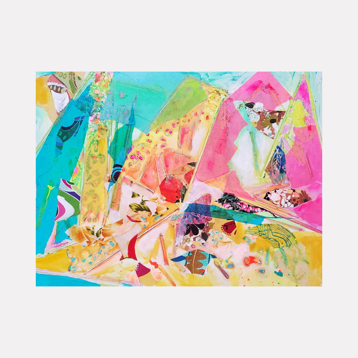 The artwork 'Changing Room' by James Ehling features a vibrant abstract composition combining acrylic paint and fabric. Bold geometric shapes in turquoise, pink, and yellow create dynamic diagonal movements across the canvas. The 18x24 inch piece showcases expressive brushstrokes, layered textures, and splashes of coral and green tones that merge in a playful, energetic arrangement.