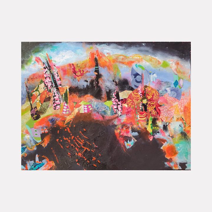 The artwork 'Ice Freighter' by James Ehling features a vibrant abstract composition combining acrylic and fabric. Explosive coral and orange hues burst through a dark charcoal background, with splashes of turquoise and lime green creating dynamic movement. Textural elements suggest industrial structures emerging from an ethereal landscape, rendered in mixed media on an 18x24 inch canvas.