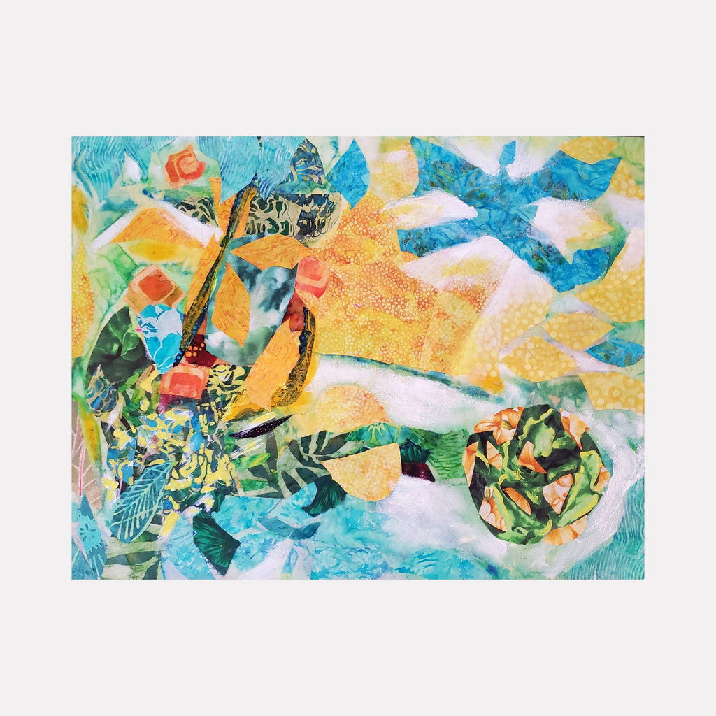 The artwork 'Summer Fields' by James Ehling features a vibrant mixed media composition combining acrylic and fabric in an abstract style. Turquoise blue and golden yellow hues dominate the 20x26 inch piece, with organic shapes suggesting leaves and natural forms floating across a textured background. The collage-like technique creates dynamic movement through layered materials and bold color contrasts.