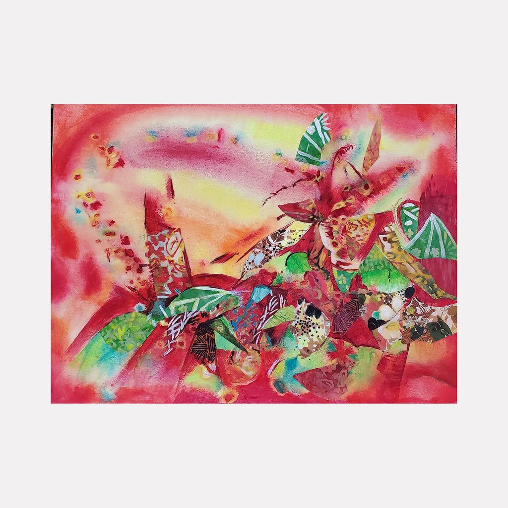 The artwork 'Red Hook' by James Ehling features vibrant abstract composition with dynamic swirls of crimson and pink hues blending into yellow highlights. Abstract butterfly-like shapes in emerald green and burgundy dance across a textured surface created with acrylic paint and fabric elements, creating a whimsical, energetic 18x24 inch mixed media piece.