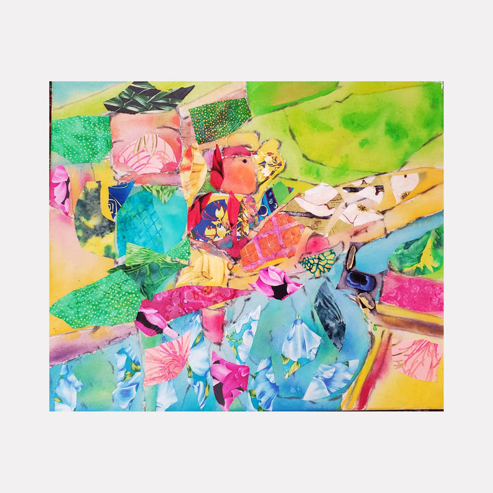 The artwork 'Garden Path' by James Ehling features a vibrant mixed media composition with layered fabric pieces in tropical hues. Abstract shapes flow across the canvas in turquoise, pink, yellow, and emerald green, creating a dynamic patchwork effect. The acrylic and fabric elements blend seamlessly, suggesting a lush garden landscape through textural collage techniques.