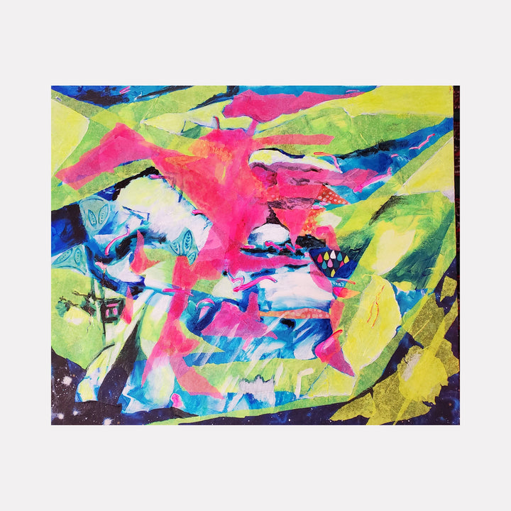 The artwork 'High Surf' by James Ehling features vibrant abstract expressionism combining neon pink, electric blue, and lime green swirls. Dynamic brushstrokes and textured fabric elements create a sense of movement reminiscent of crashing ocean waves. Bold acrylic paint application and layered mixed media techniques enhance the energetic composition.