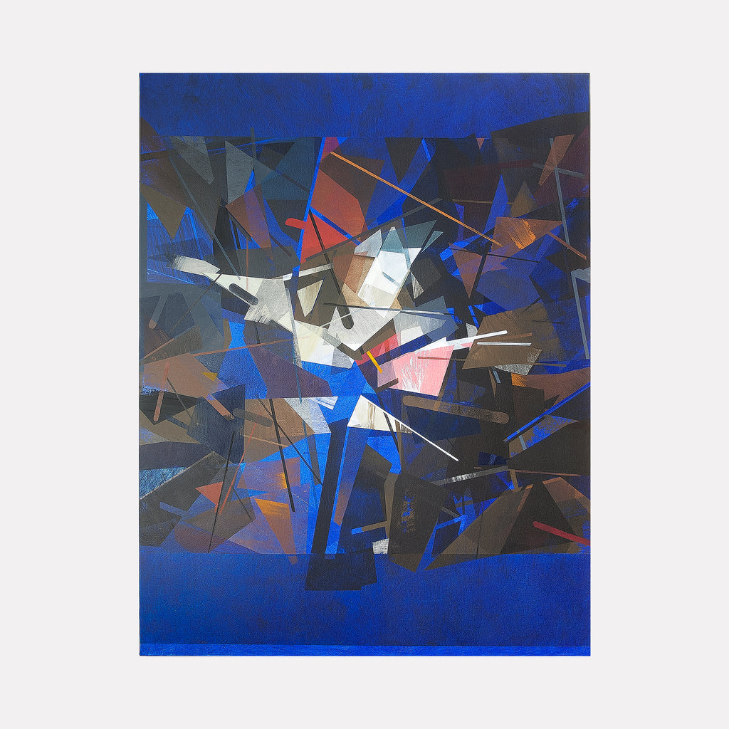 The artwork "4th state of morning" by Ken Schiano features an abstract composition with overlapping geometric shapes in bold blue, black, brown, and white hues. The textured pigment dispersion on canvas evokes the dynamic fragmentation seen in works by artists like Robert Motherwell and Pablo Picasso, conveying movement and layered depth within a modernist style.
