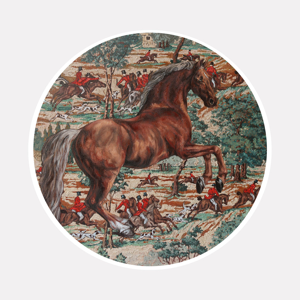 The artwork 'Feral Horse Galloping After a Fox' by Carlos Gamez de Francisco depicts a dynamic bay horse in full gallop against a pastoral hunting scene background. Rich earthy browns and forest greens dominate the circular composition, with red-coated riders dotting the landscape. The oil painting captures the horse's muscular form and flowing mane in traditional equestrian art style. By Carlos Gamez de Francisco.