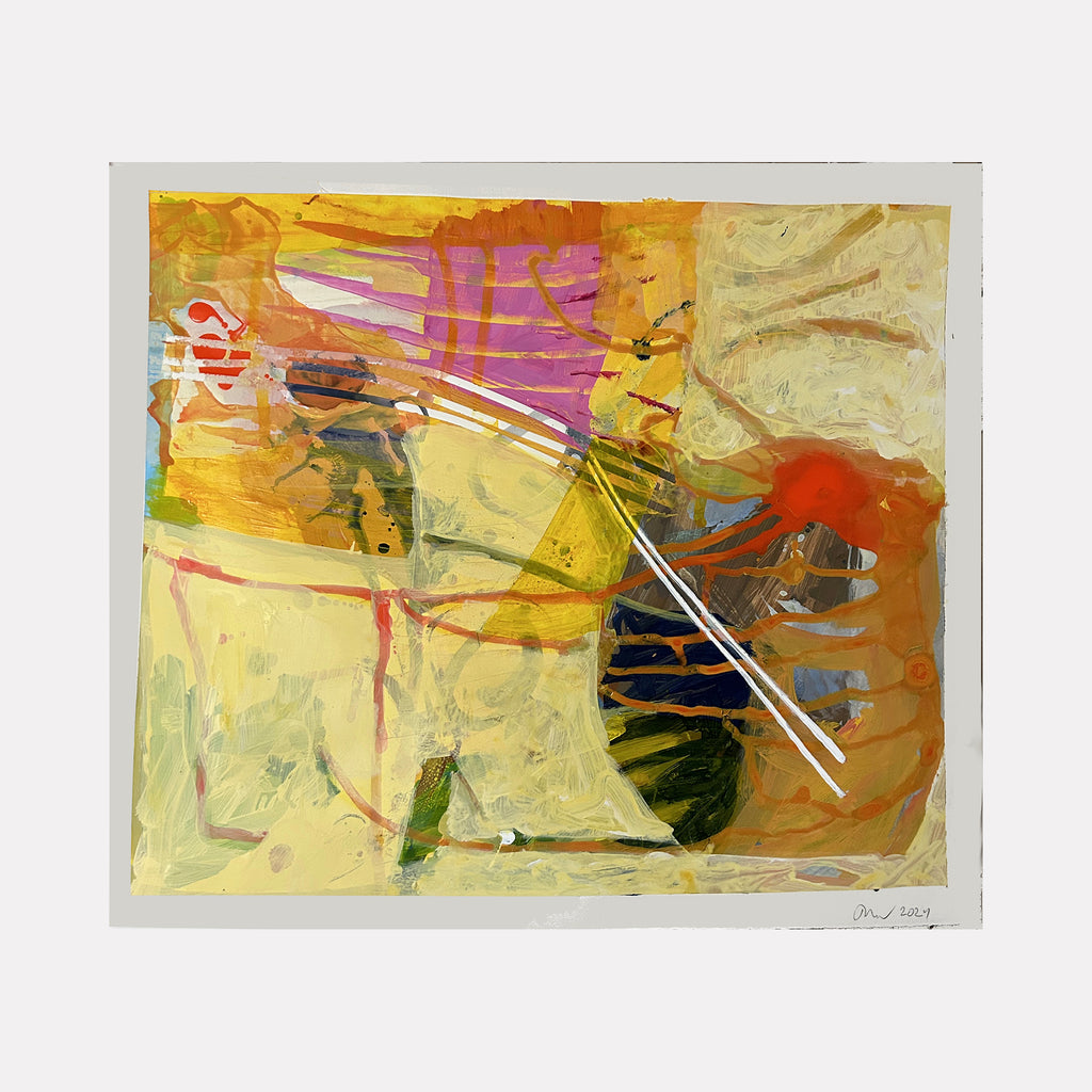 Abstract 07.24: Dynamic acrylic artwork featuring vibrant yellow, orange and pink strokes with bold diagonal lines on watercolor paper by Owen Brown