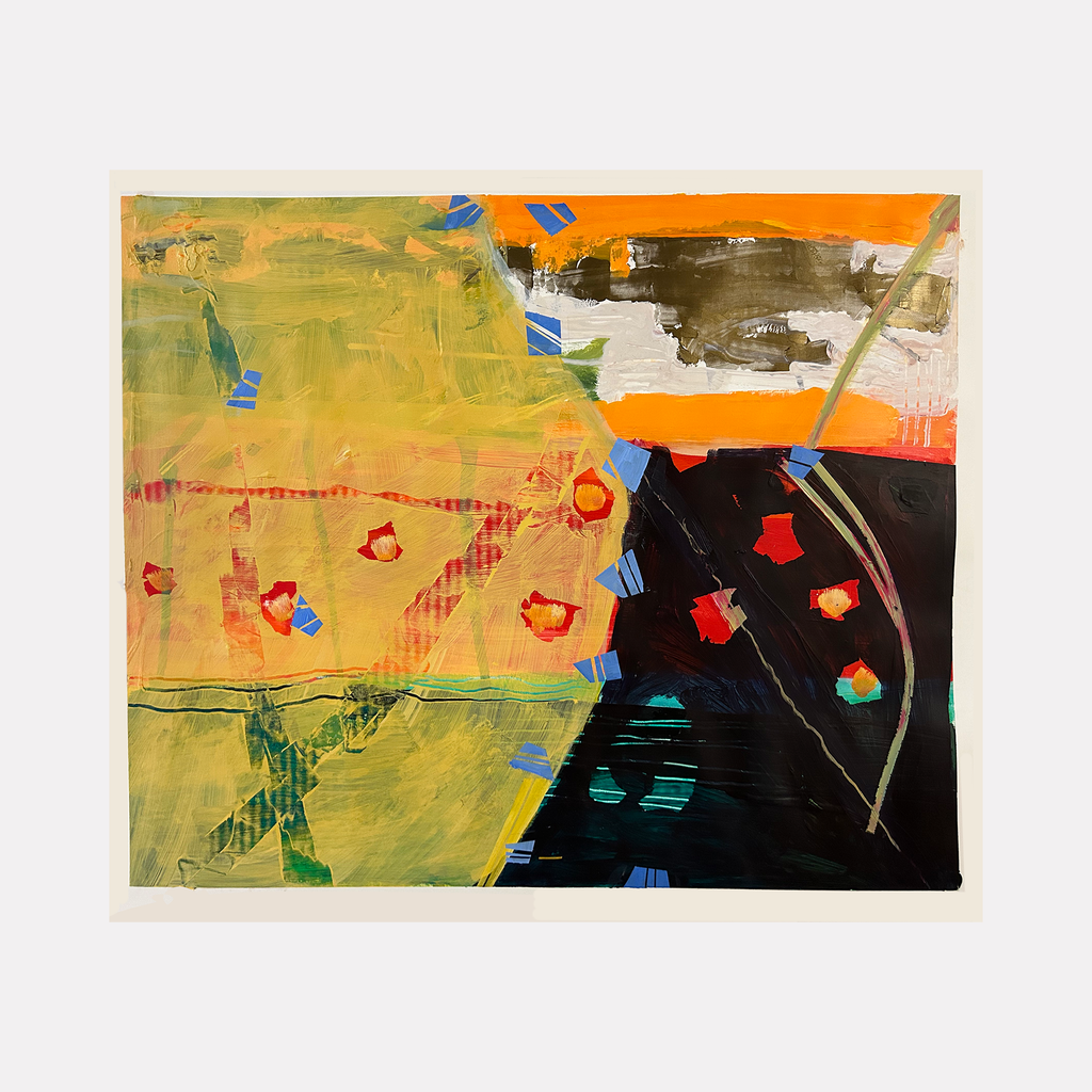 Abstract 17.24 features bold yellow and black divisions with scattered red dots and blue accents, painted in expressive acrylic strokes by Owen Brown