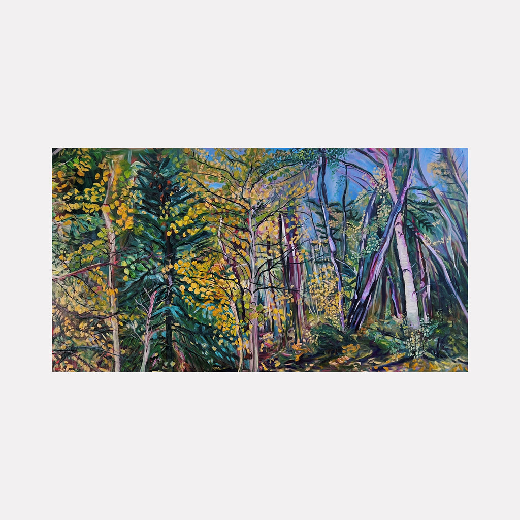 The artwork 'Aging Forest' by Claudia Robles-Gil captures a vibrant woodland scene with tall purple-hued tree trunks and dense yellow-green foliage. The oil and acrylic painting features a dynamic interplay of autumn colors, deep forest greens, and ethereal purple shadows, creating a mysterious and enchanting forest atmosphere. The large-scale canvas showcases intricate brushwork and textural details.