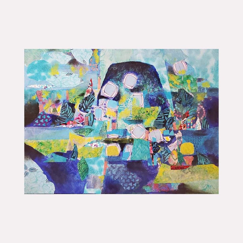 The artwork 'Annaberg Plantation Ruins, St. John' features a vibrant mixed-media abstract composition with layered textures of turquoise, purple, and yellow hues. Historic ruins are reimagined through geometric shapes, textile patterns, and dynamic brushstrokes. The 18x24 acrylic and fabric collage on canvas creates a dreamlike Caribbean landscape by James Ehling.