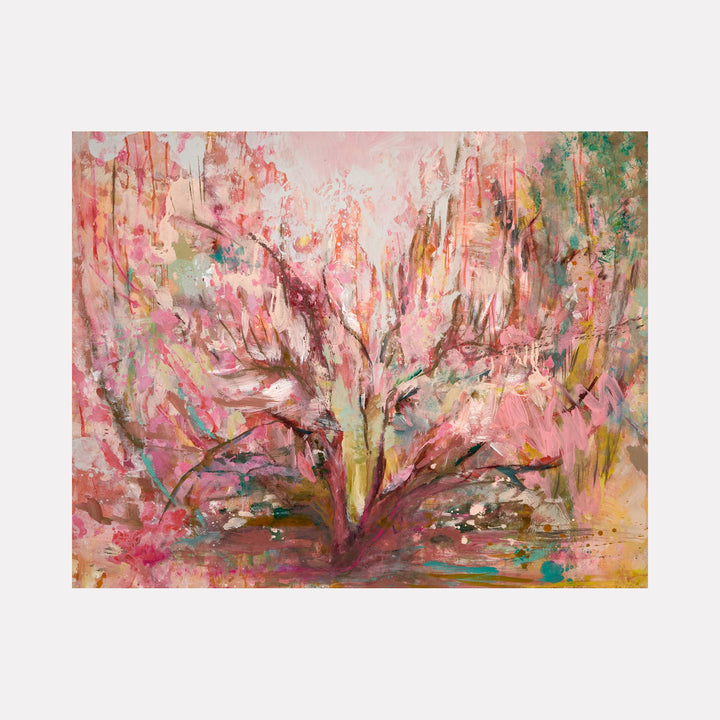 The artwork 'Apricot Bloom' by Molly Herman features a vibrant abstract floral composition with delicate pink and coral hues flowing across the canvas. Dynamic brushstrokes create a tree-like form emerging from a colorful base, with splashes of green and burgundy accents. The acrylic and oil painting showcases expressive gestural marks and ethereal textures, capturing the essence of spring blossoms in a contemporary abstract style. By Molly Herma