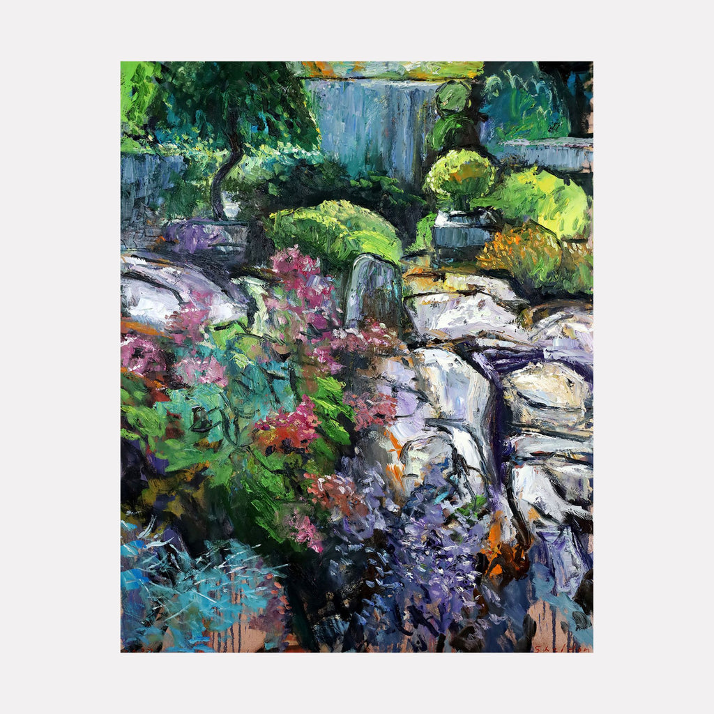 Arboretum Bonsai Garden by David Quentin Sheldon presents an expressive, textured portrayal of a lush garden scene with vibrant clusters of green foliage, pink and purple blooms, and rugged stone elements. The energetic brushwork and layered colors evoke a lively, organic natural setting with depth and movement.