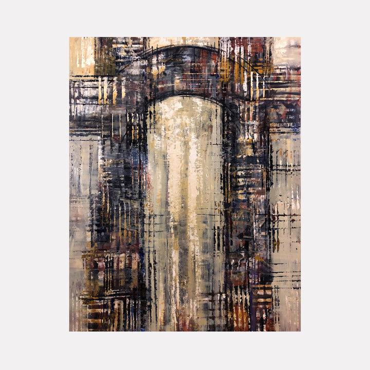 Archaeo-Logica XII by David Quentin Sheldon displays an abstract architectural design with layered textures in earthy tones of beige, brown, and dark blue. Vertical and horizontal lines intersect with soft, distressed brushstrokes, creating a complex, contemplative interplay of structure and organic decay in a refined modern artistic style.