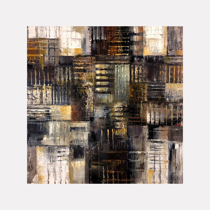 Archaeo-Logica X by David Quentin Sheldon portrays a textured abstract grid of overlapping rectangular forms in muted earth tones of brown, gold, gray, and cream. The composition evokes a layered, architectural feel with a balanced interplay of light and shadow in a contemporary, sophisticated style.