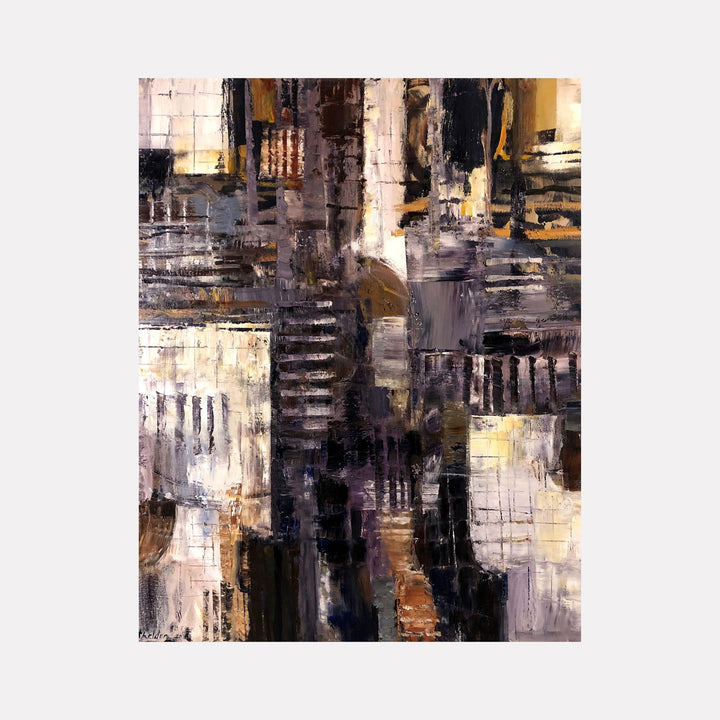 Archaeo-Logica I by David Quentin Sheldon features an abstract design with layered textures in muted earth tones of beige, brown, and black. The composition blends vertical and horizontal grid patterns with soft brushstrokes, evoking a contemplative interplay of architectural forms and organic elements in a sophisticated, modern artistic style.
