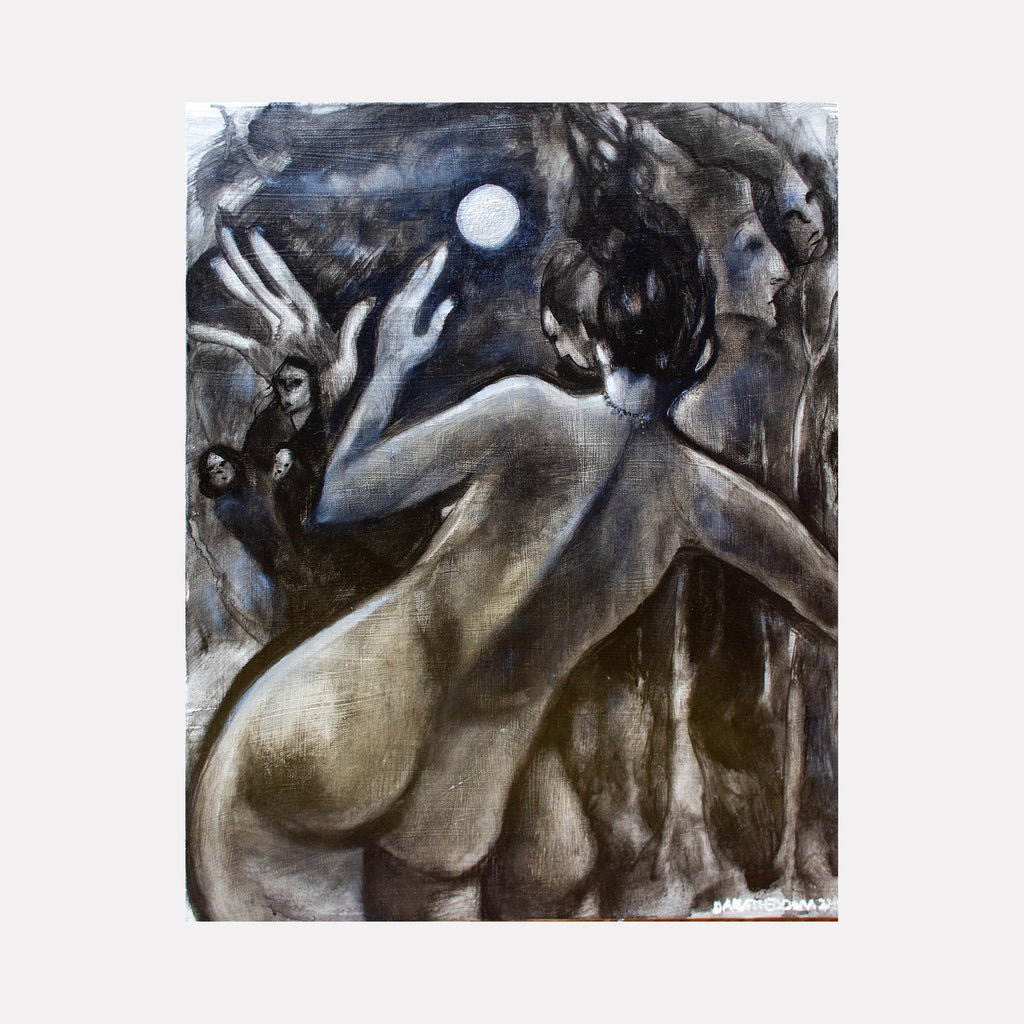 Artwork 'Are You a Dead Ghost or a Living Ghost' depicts ethereal figure in moonlit forest, painted in moody grays and blues by Dara Theodora