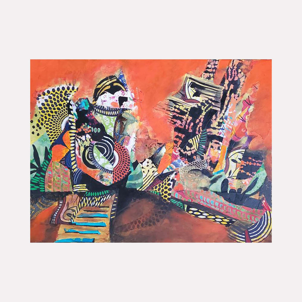 The artwork 'Back Stage' by James Ehling features vibrant abstract patterns in mixed media, combining geometric shapes and spiral motifs against a coral-orange background. Dynamic swirls of turquoise, black, and yellow create movement across the canvas, while fabric collage elements add textural depth. Acrylic and fabric on canvas, 18x24 inches by James Ehling.