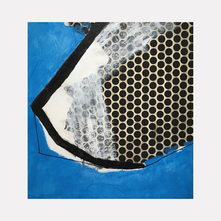 The artwork 'Black Dots with Blue' by Diane Englander features a striking geometric composition with a honeycomb pattern of black circular dots against white, intersected by bold vibrant blue sections and black angular lines. Mixed media artwork combines paper collage, crayon, and acrylic paint on reused canvas, creating textural contrast and dynamic visual interest.