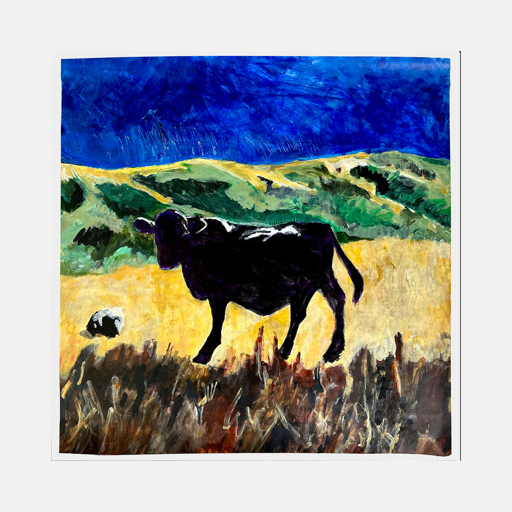 The artwork 'Black Mountain Ranch 02.24 three legged cow' by Owen Brown depicts a bold acrylic painting of a black cow silhouetted against vibrant yellow grassland and rolling green hills. A dramatic deep blue sky creates striking contrast, while textured brushstrokes add expressive movement throughout the 36x36 inch composition on tramco paper.