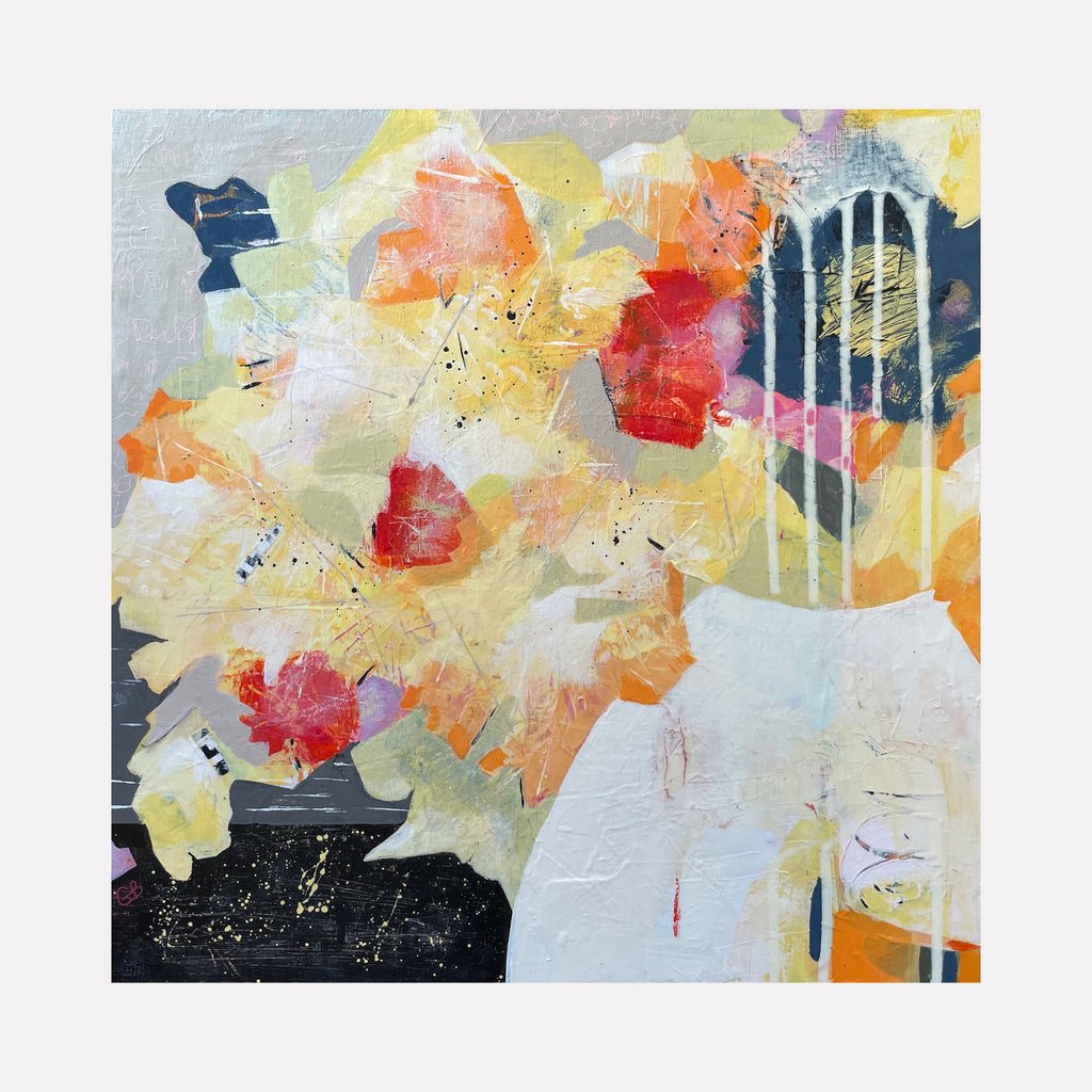 The artwork 'Black Rose' by Giliane Bader features an abstract composition with vibrant coral, yellow, and orange floral forms against a contrasting white and black background. Textured brushstrokes and mixed media techniques create depth, while vertical drips add movement. Created on birch panel with cold wax finish, measuring 18x18 inches.