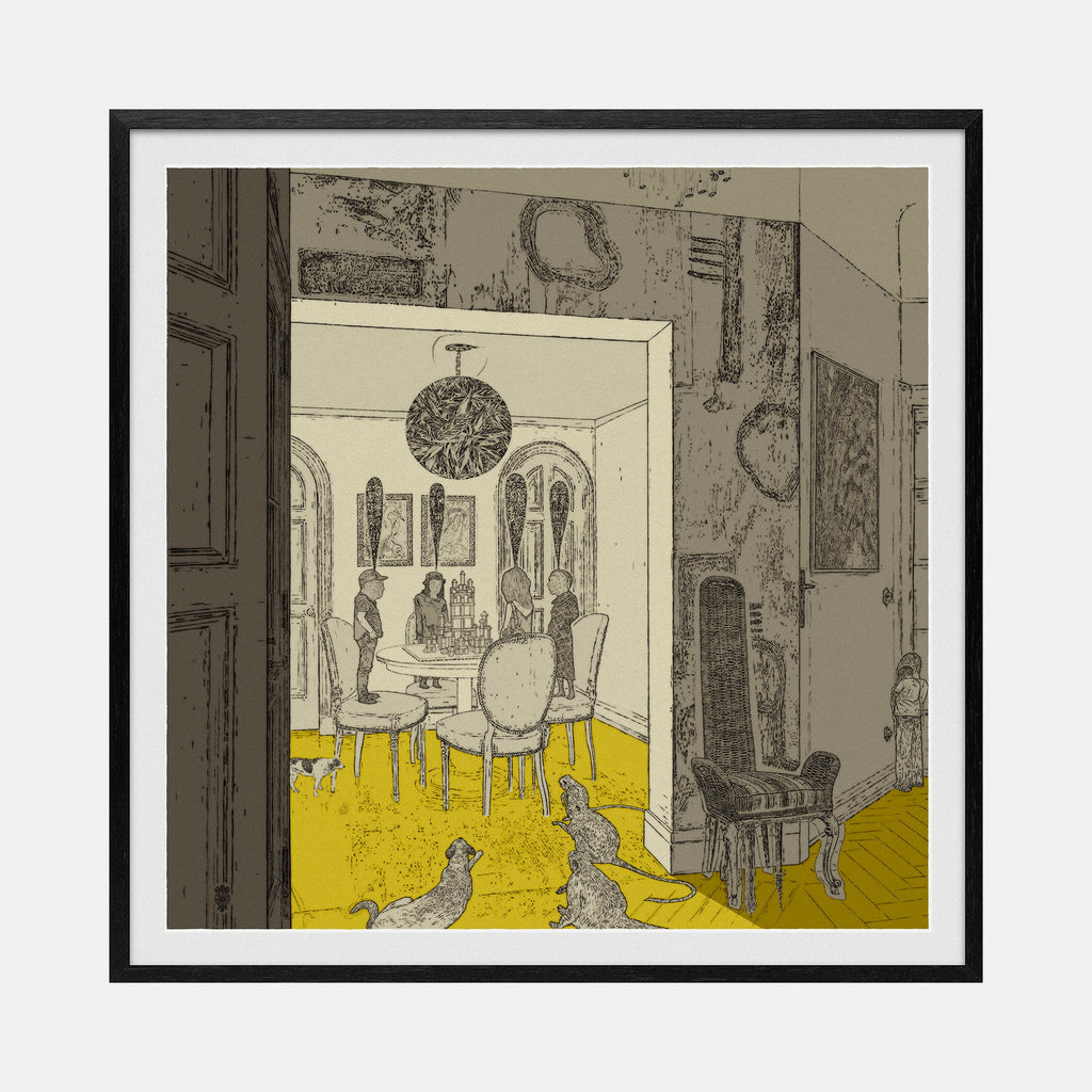Block Party by Steve Moors: Digital illustration depicting dining room interior with yellow floors, arched windows, and birds in sepia tones